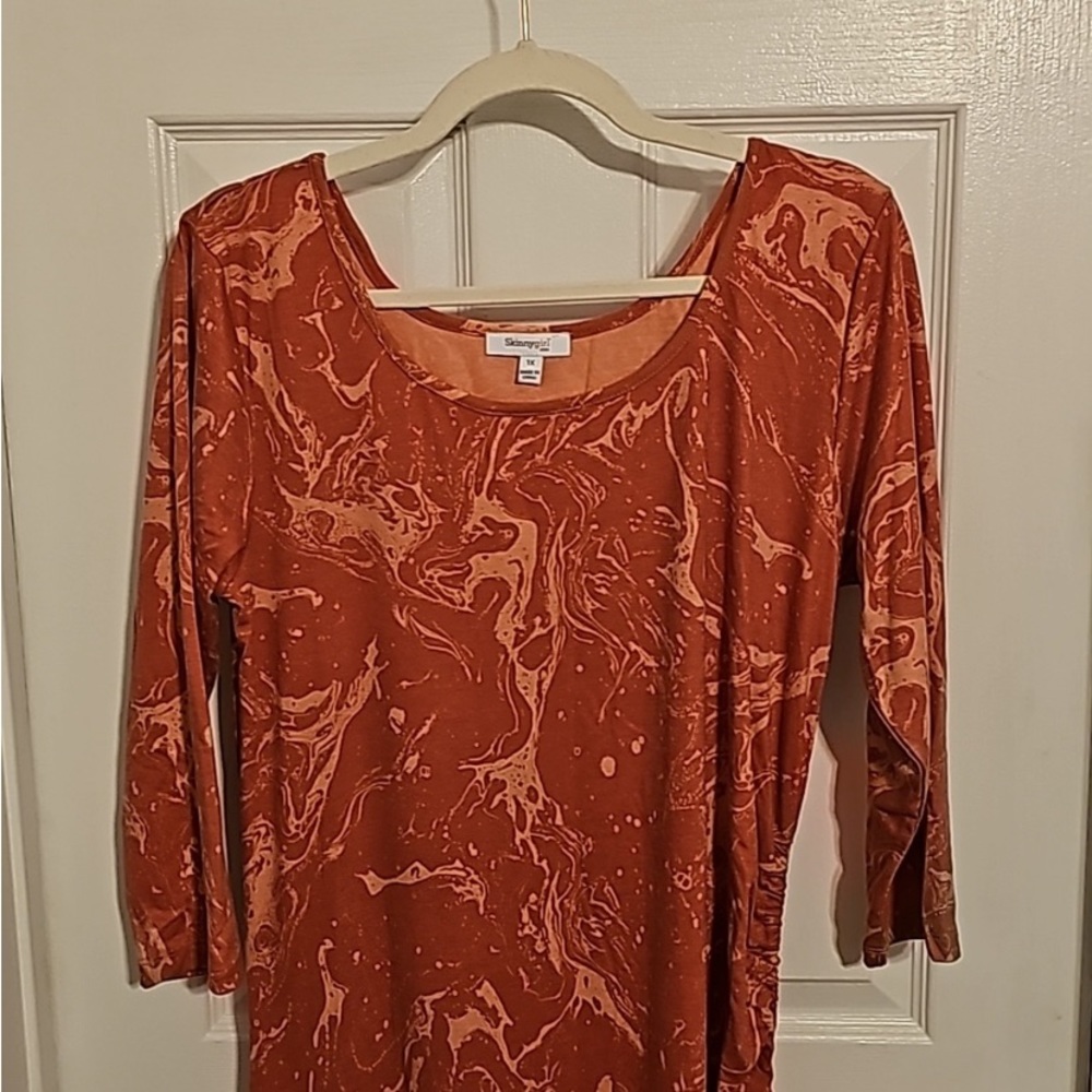 NWT SkinnyGirl Ruched Maxi Dress -Coral Marbled- Drawstring Bottom - 3/4 Sleeves